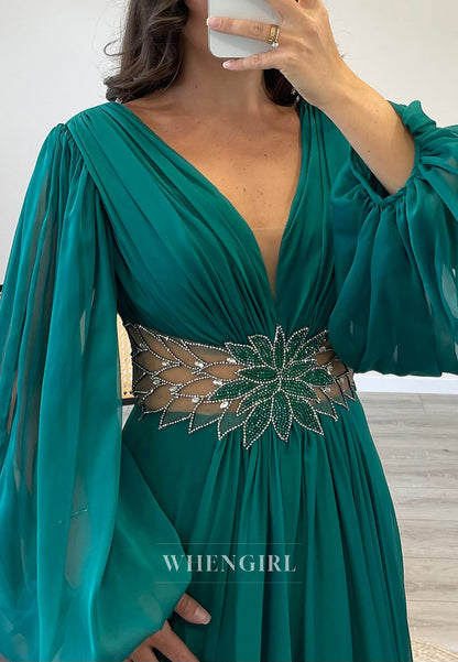 Long Sleeves V-Neck A-Line Beaded Side Slit Chiffon Evening Formal Gowns