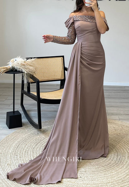 Off Shoulder Beaded Sleeves Satin Mermaid Evening Gown with Side Slit