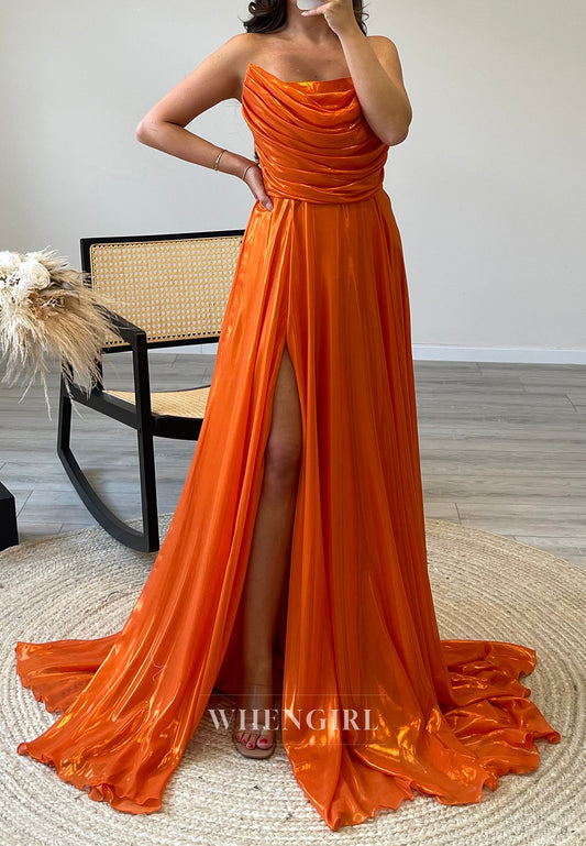 Cowl Neck A-Line Side Slit Pleated Sleeveless Evening Gown