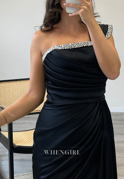One Shoulder Satin Side Slit Mermaid Beading Sleeveless Evening Gown