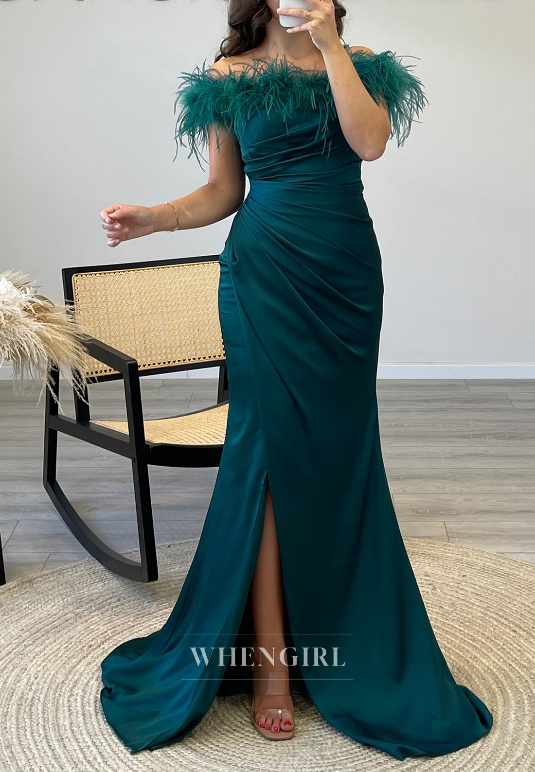 Unique Feather Off Shoulder Side Slit Pleated Formal Evening Dress with Sweep Train