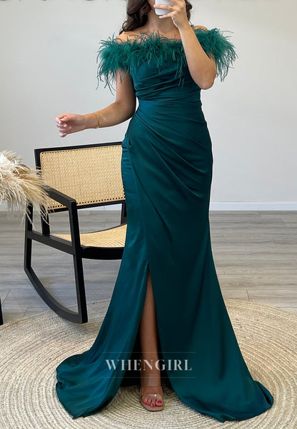 Unique Feather Off Shoulder Side Slit Pleated Formal Evening Dress with Sweep Train