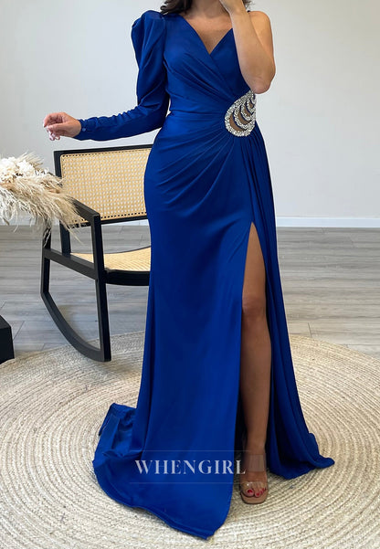V Neck Low Back Mermaid Evening Dress Rhinestone Side Slit Waist Cut Out Formal Gown