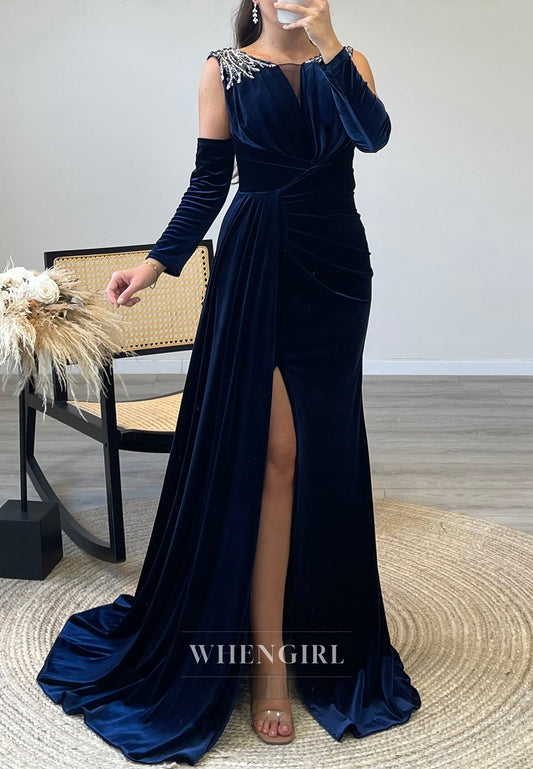 V Back Pleated Side Slit Bateau Neck Formal Dress With Beaded Strap