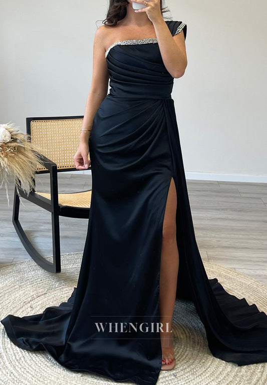 One Shoulder Satin Side Slit Mermaid Beading Sleeveless Evening Gown