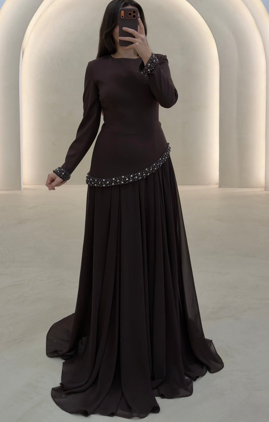 A-Line Long Sleeves Bateau Neck Beaded Formal Evening Dress