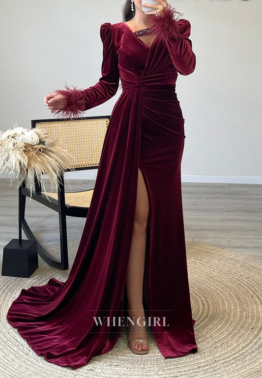 Unique Feathers Velvet Side Silit Pleated V-Neck Formal Evening Dress With Long Sleeves