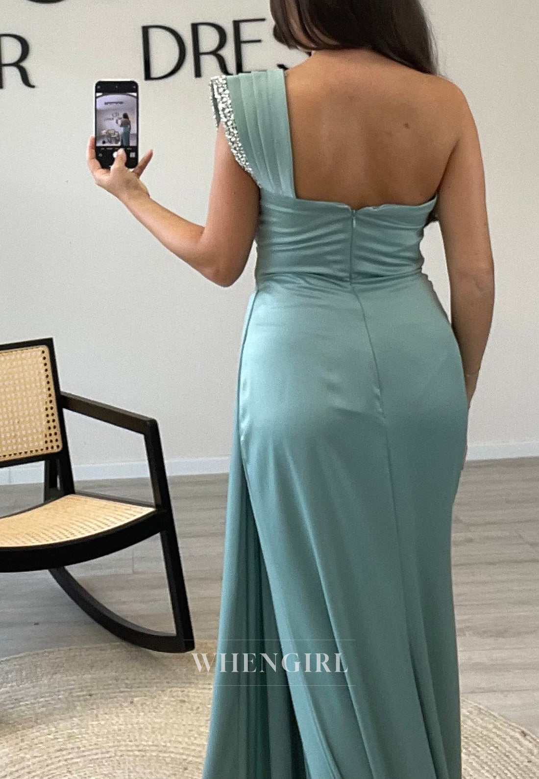 One Shoulder Satin Side Slit Mermaid Beading Sleeveless Evening Gown
