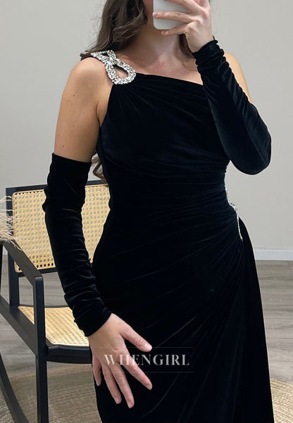 One Shoulder Side Slit Cut-out Pleated Velet Evening Dress with Long Sleeves