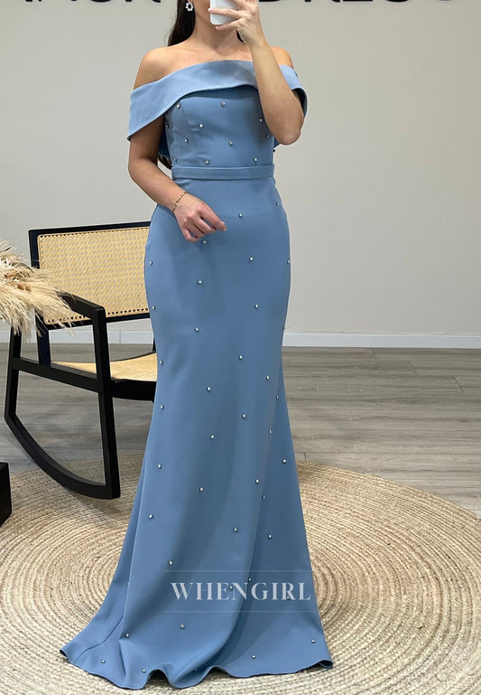 Off Shoulder Beading Mermaid Satin Sleeveless Evening Formal Gown