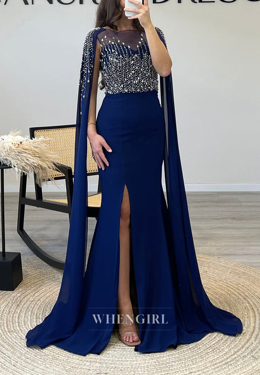 Beading Sleeveless Mermaid Evening Gown Side Slit Sweep Train Formal Dress