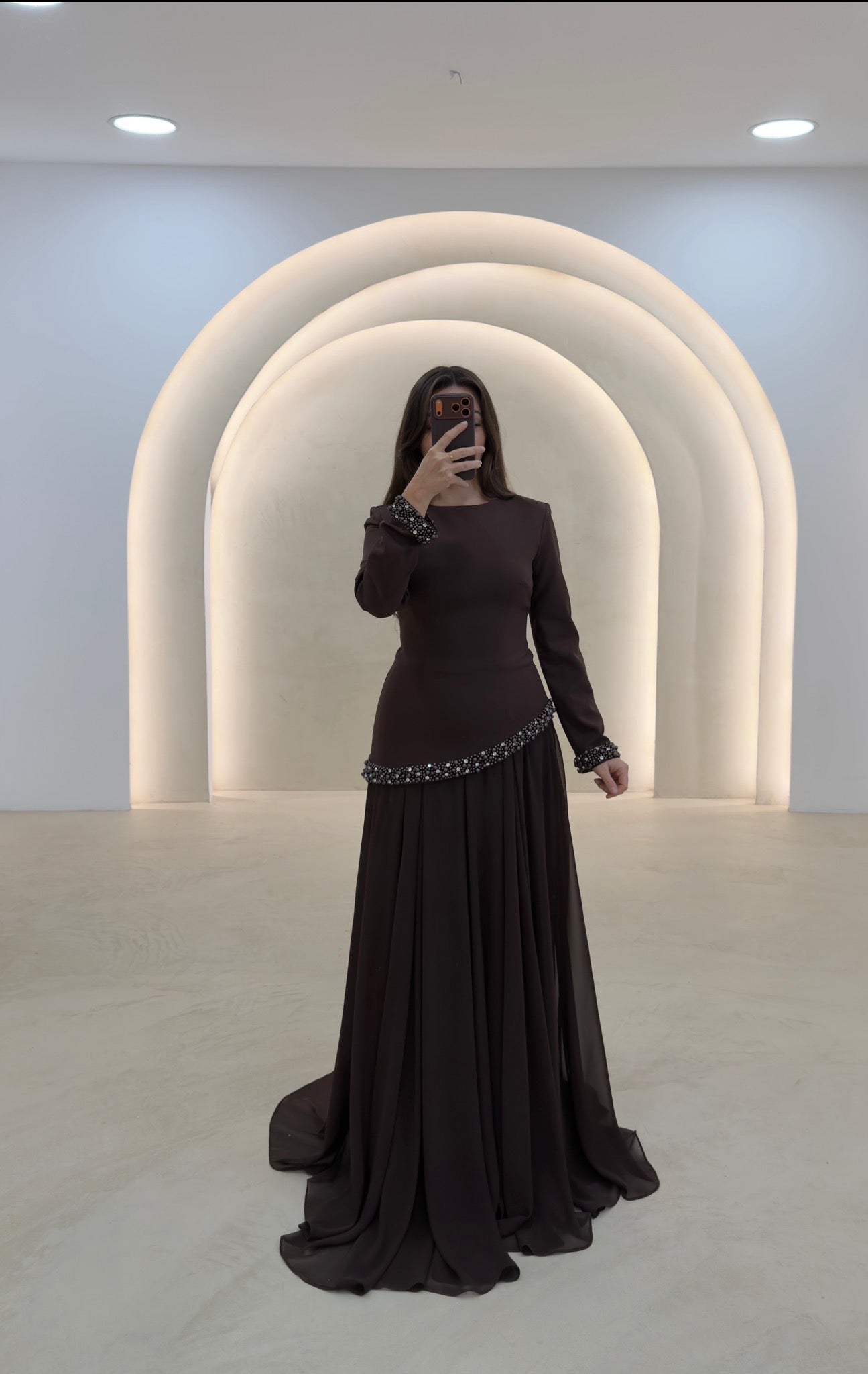 A-Line Long Sleeves Bateau Neck Beaded Formal Evening Dress