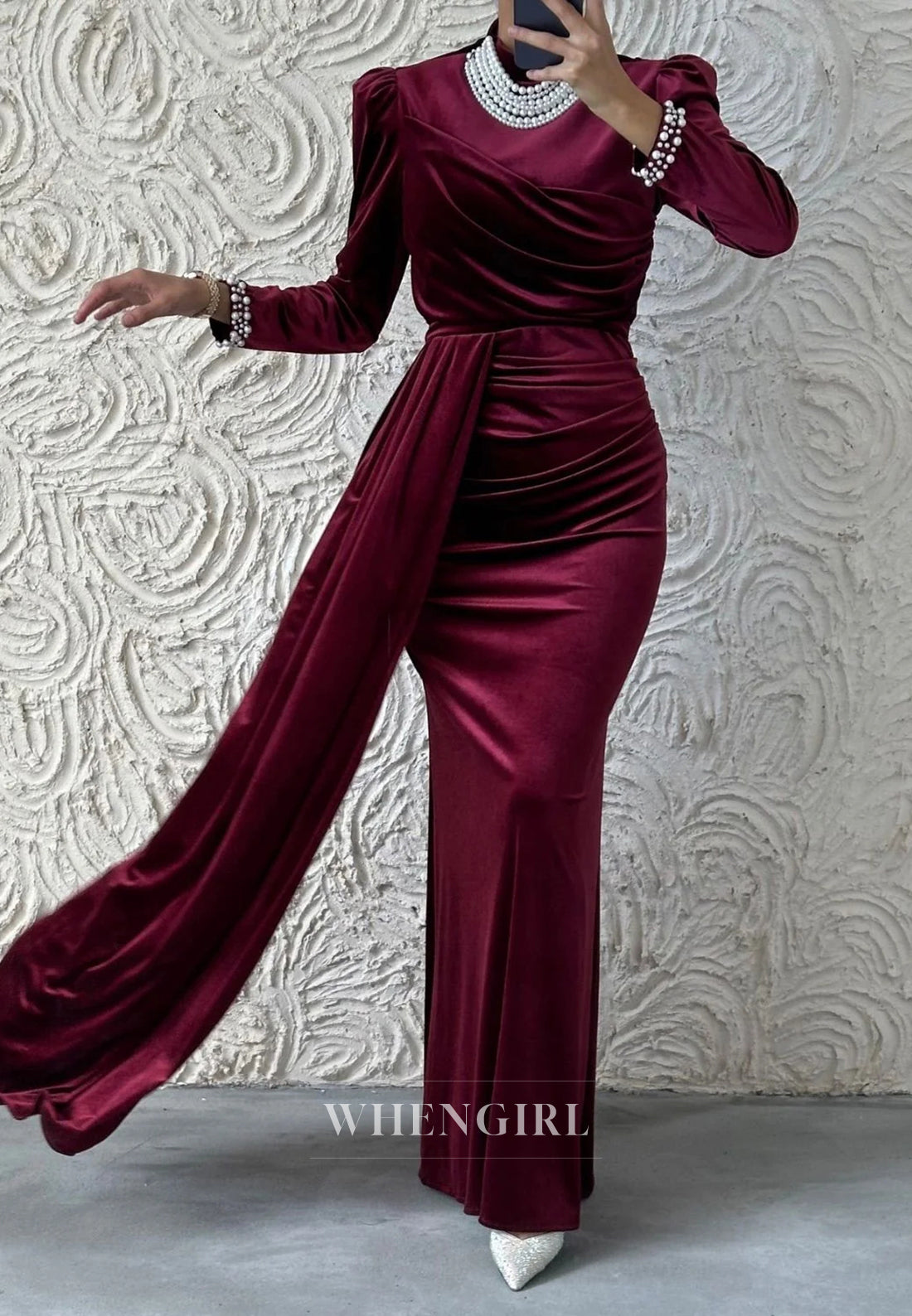 Sheath High Neck Beaded Long Sleeves Pleated Long Formal Evening Gown