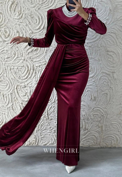 Sheath High Neck Beaded Long Sleeves Pleated Long Formal Evening Gown