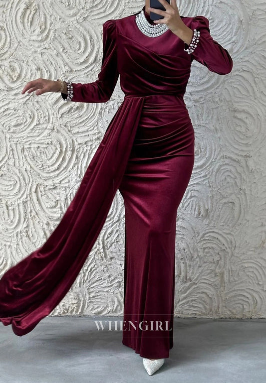 Sheath High Neck Beaded Long Sleeves Pleated Long Formal Evening Gown