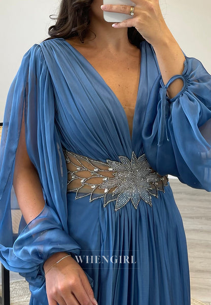 Long Sleeves V-Neck A-Line Beaded Side Slit Chiffon Evening Formal Gowns