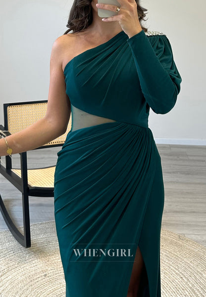 Asymmertrical One Shoulder Mermaid Pleated Chiffon Evening Gown with Side Slit