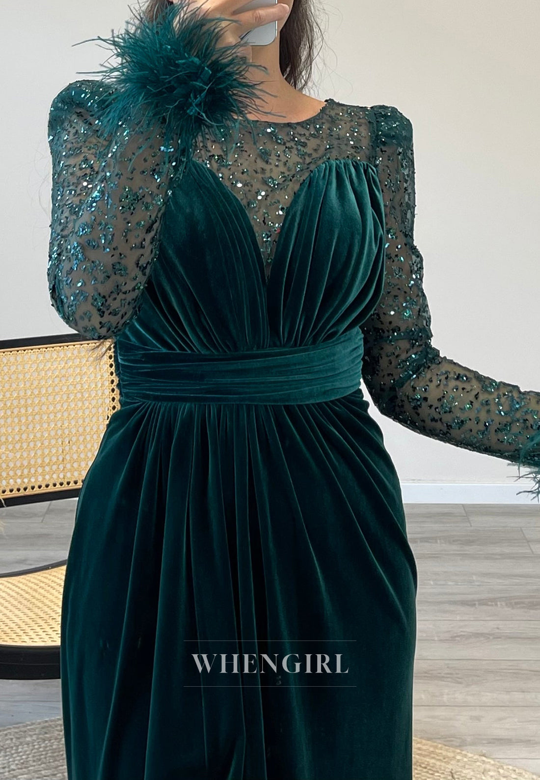 Illusion Neckline Mermaid Velvet Formal Evening Dress with Beaded lace Long Sleeves