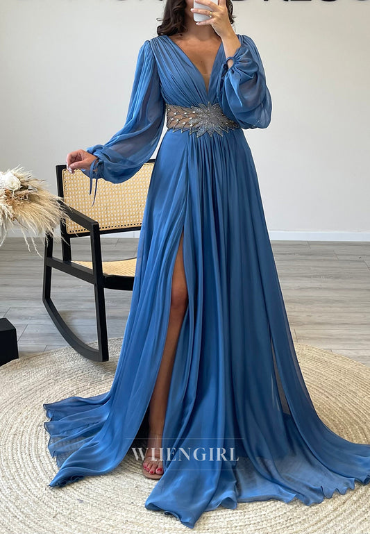 Long Sleeves V-Neck A-Line Beaded Side Slit Chiffon Evening Formal Gowns