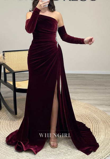 One Shoulder Side Slit Cut-out Pleated Velet Evening Dress with Long Sleeves
