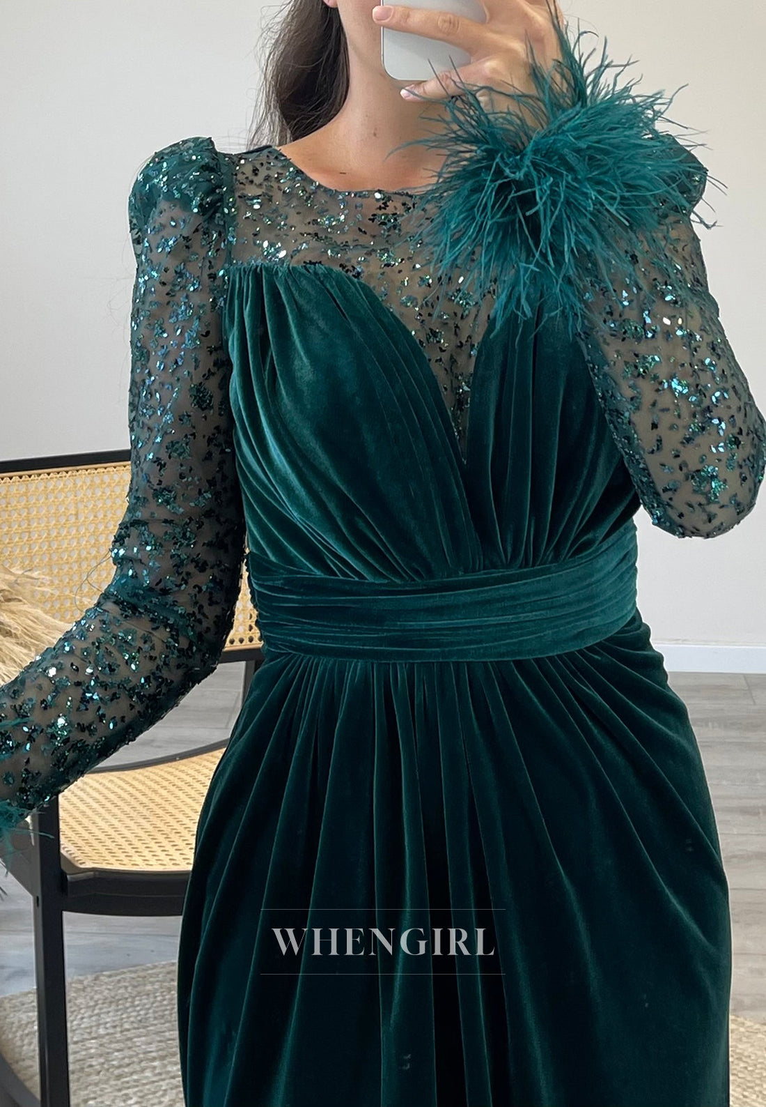 Illusion Neckline Mermaid Velvet Formal Evening Dress with Beaded lace Long Sleeves