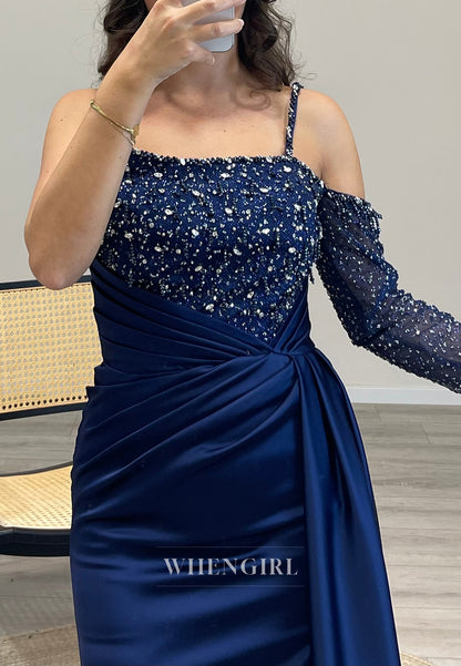 Beaded Sleeves Side Slit Spaghetti Straps Mermaid Pleated Evening Dress