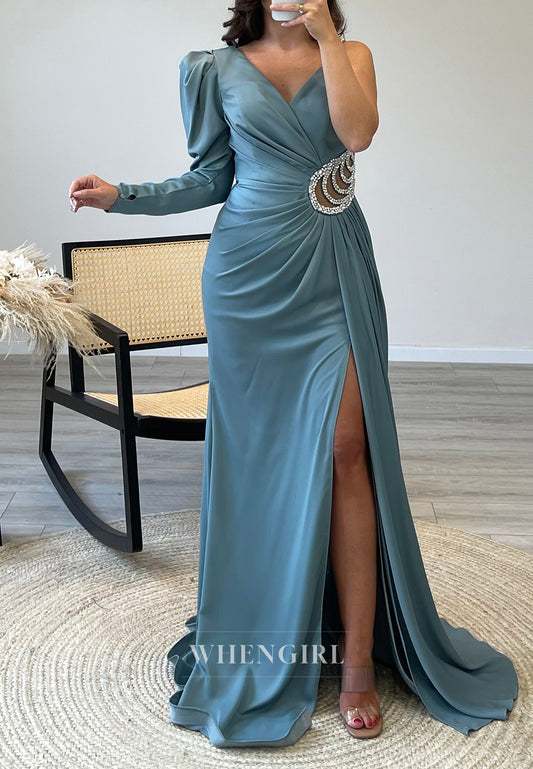 V Neck Low Back Mermaid Evening Dress Rhinestone Side Slit Waist Cut Out Formal Gown