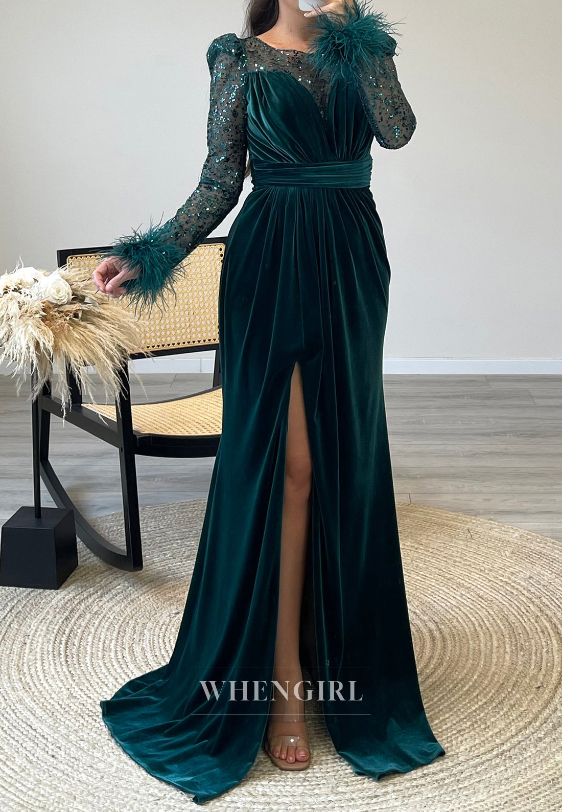 Illusion Neckline Mermaid Velvet Formal Evening Dress with Beaded lace Long Sleeves
