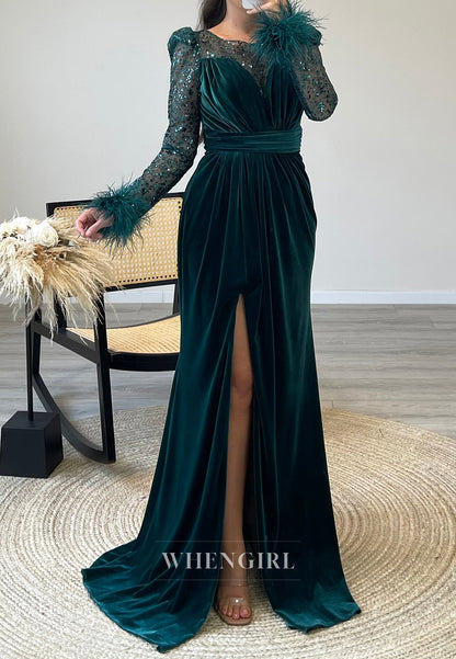 Illusion Neckline Mermaid Velvet Formal Evening Dress with Beaded lace Long Sleeves