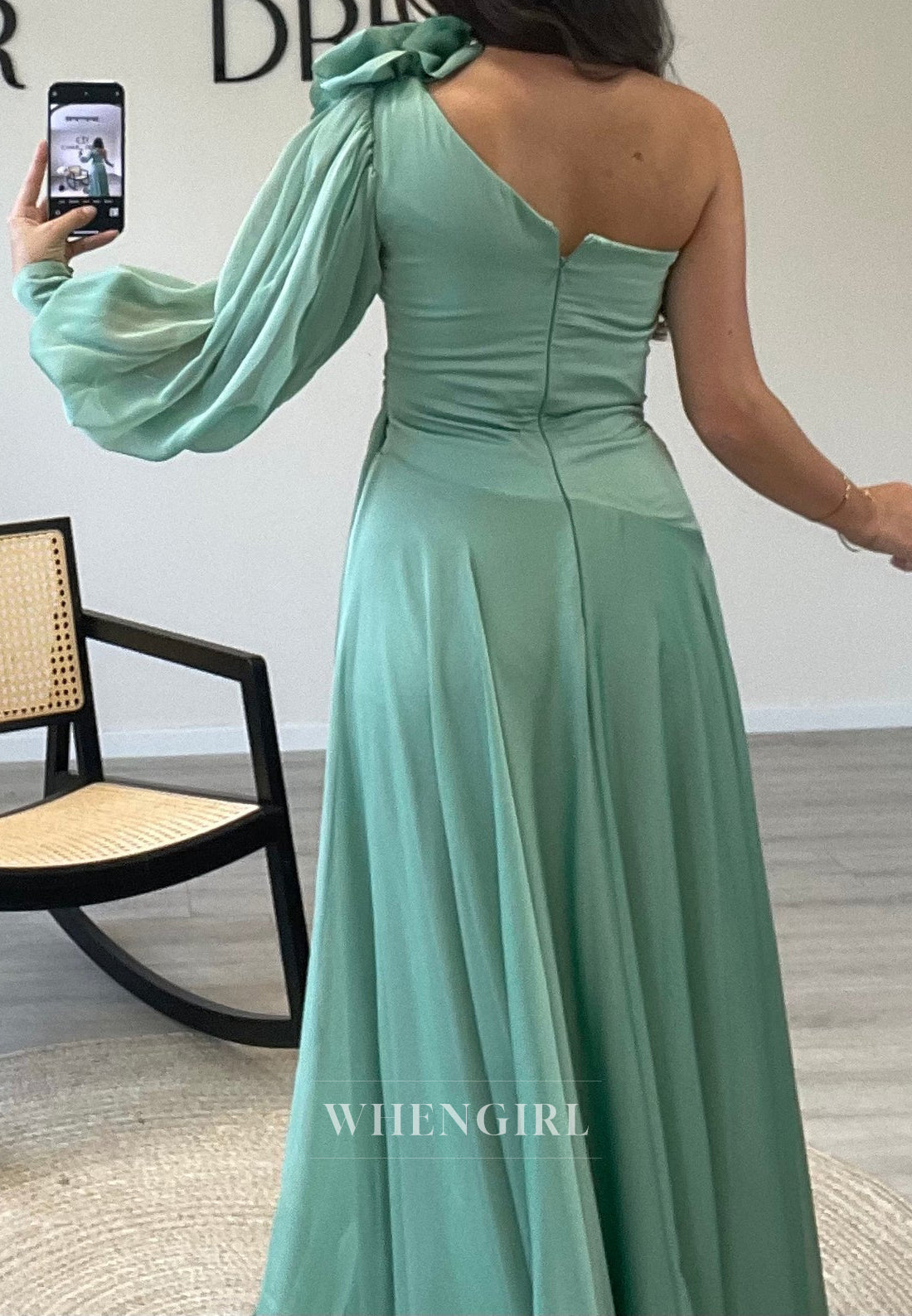 A-Line One Shoulder Side Slit Sweep Train Pleated Formal Evening Gown with Long Sleeve