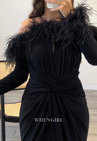 Pleated Long Sleeves Feather Mermaid Formal Gown Side Slit Chiffon Dress