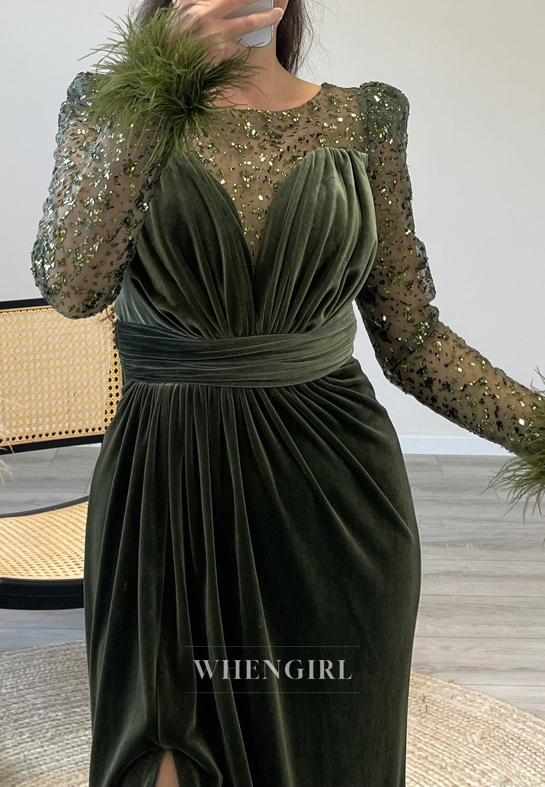 Illusion Neckline Mermaid Velvet Formal Evening Dress with Beaded lace Long Sleeves