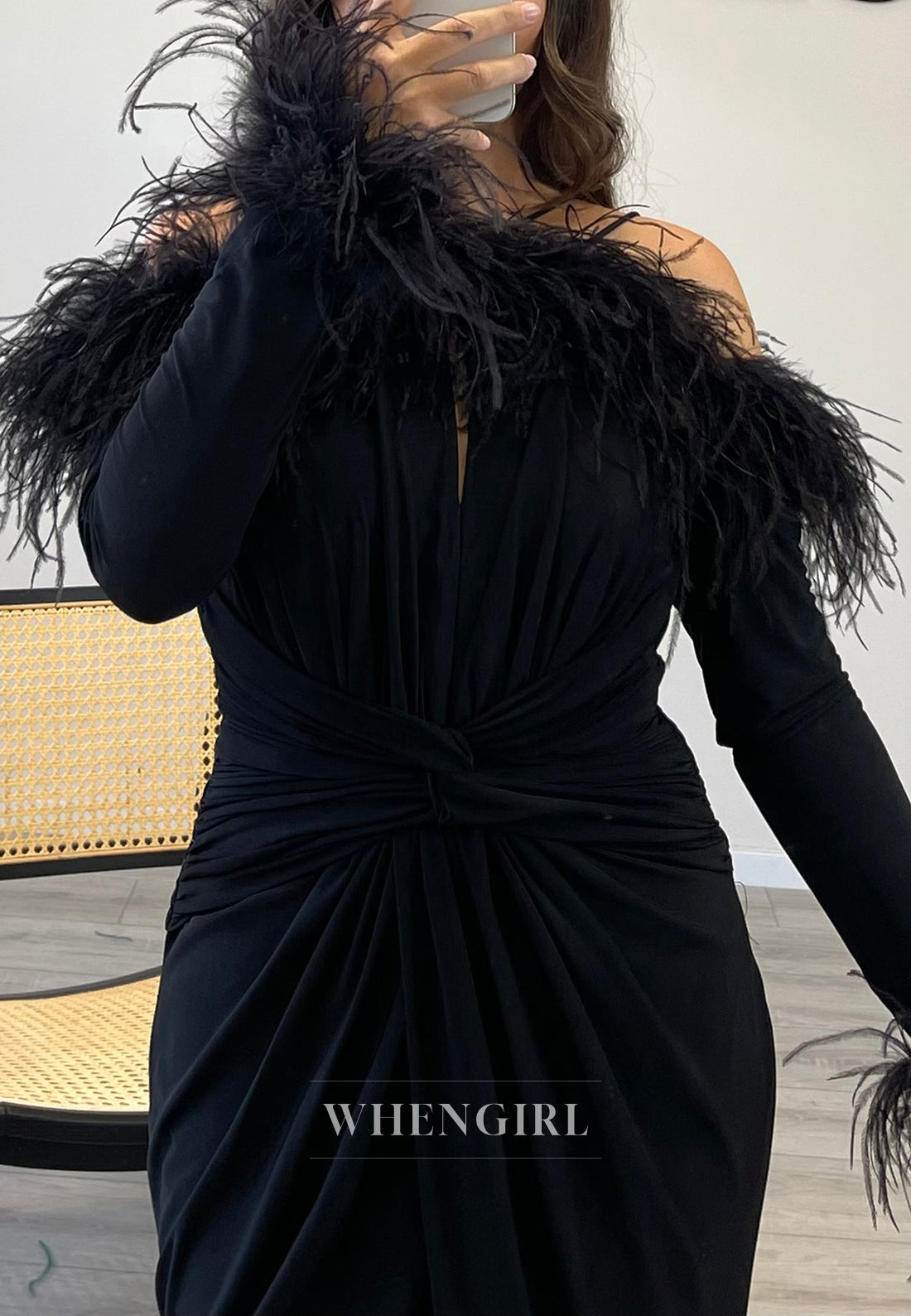 Pleated Long Sleeves Feather Mermaid Formal Gown Side Slit Chiffon Dress
