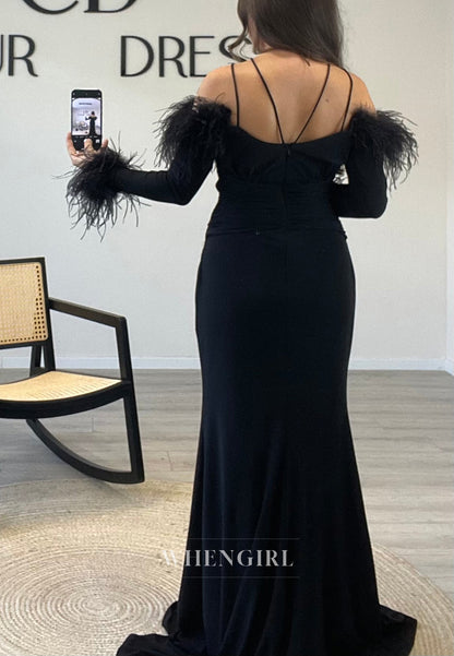 Pleated Long Sleeves Feather Mermaid Formal Gown Side Slit Chiffon Dress