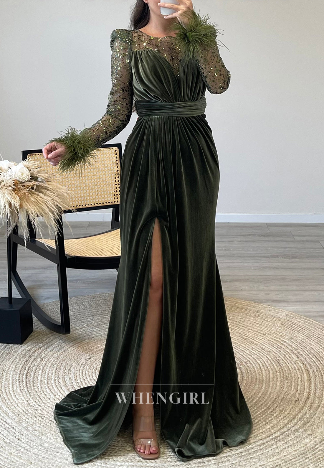 Illusion Neckline Mermaid Velvet Formal Evening Dress with Beaded lace Long Sleeves