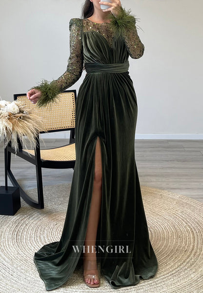 Illusion Neckline Mermaid Velvet Formal Evening Dress with Beaded lace Long Sleeves