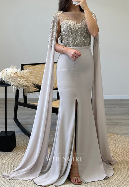 Beading Sleeveless Mermaid Evening Gown Side Slit Sweep Train Formal Dress
