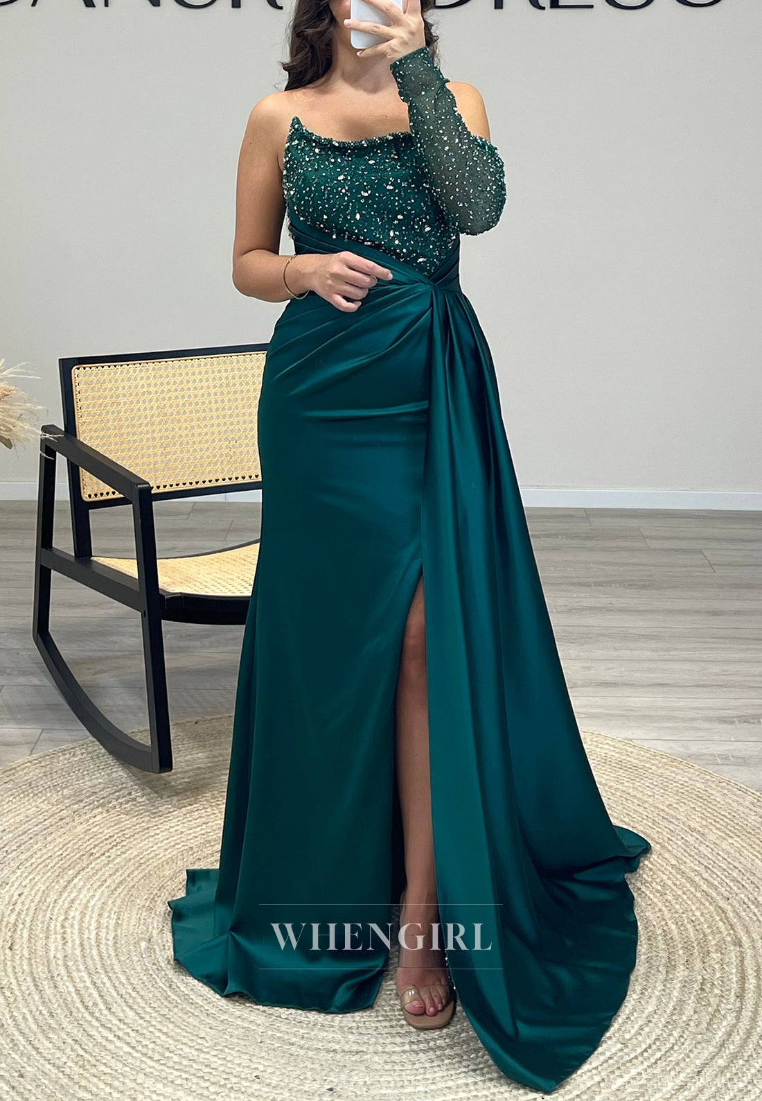 Beaded Sleeves Side Slit Spaghetti Straps Mermaid Pleated Evening Dress