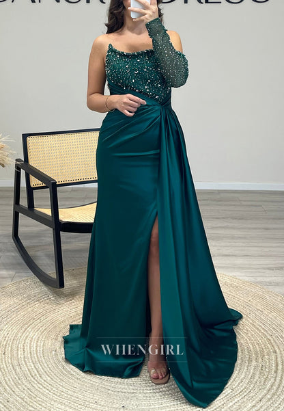 Beaded Sleeves Side Slit Spaghetti Straps Mermaid Pleated Evening Dress