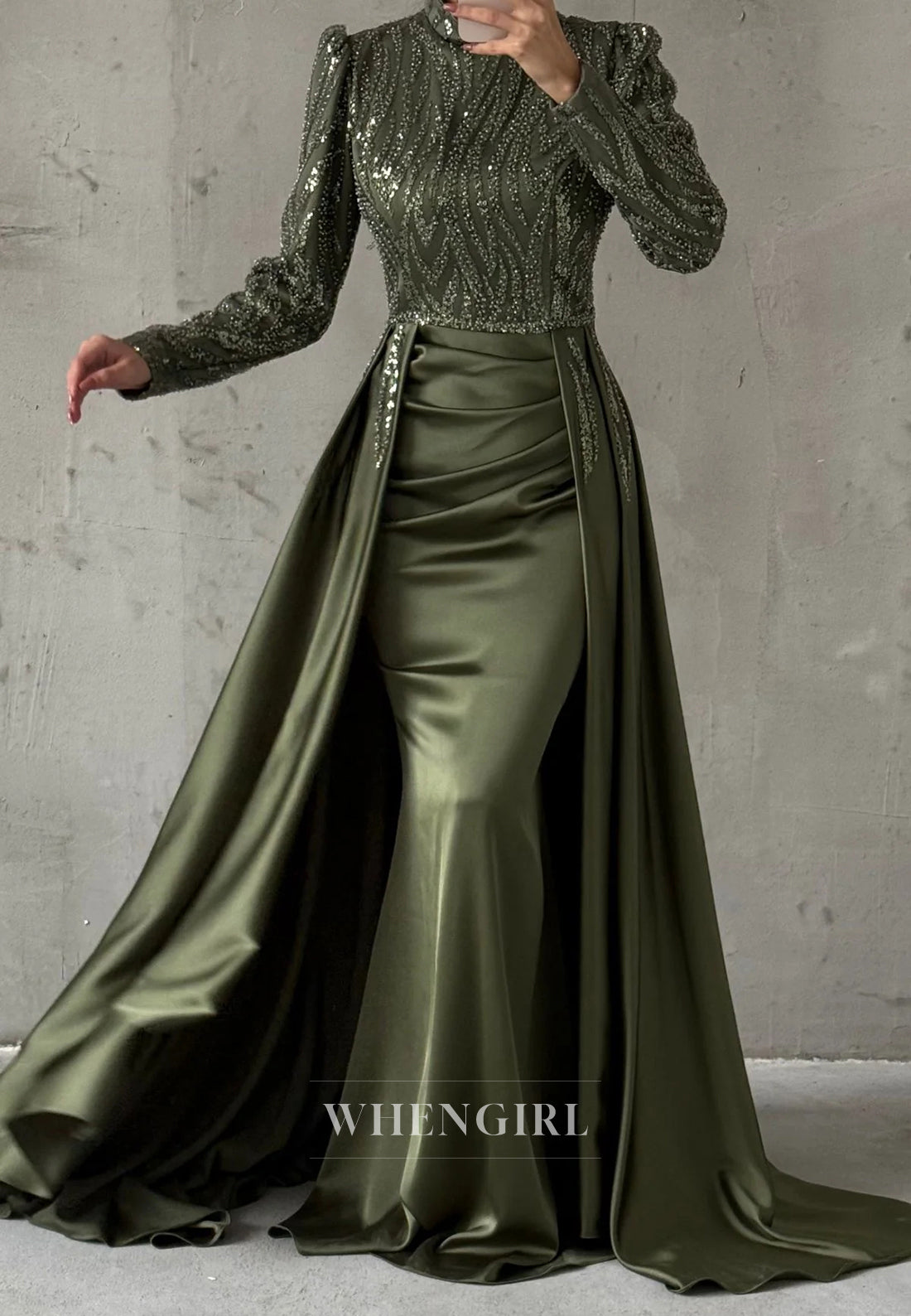 Sheath High Neck Beaded Long Sleeves Sweep Train Evening Formal Dress