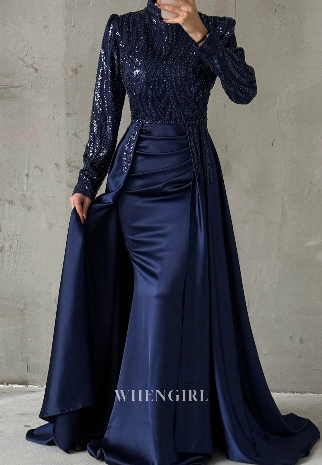 Sheath High Neck Beaded Long Sleeves Sweep Train Evening Formal Dress