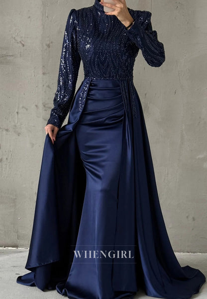 Sheath High Neck Beaded Long Sleeves Sweep Train Evening Formal Dress