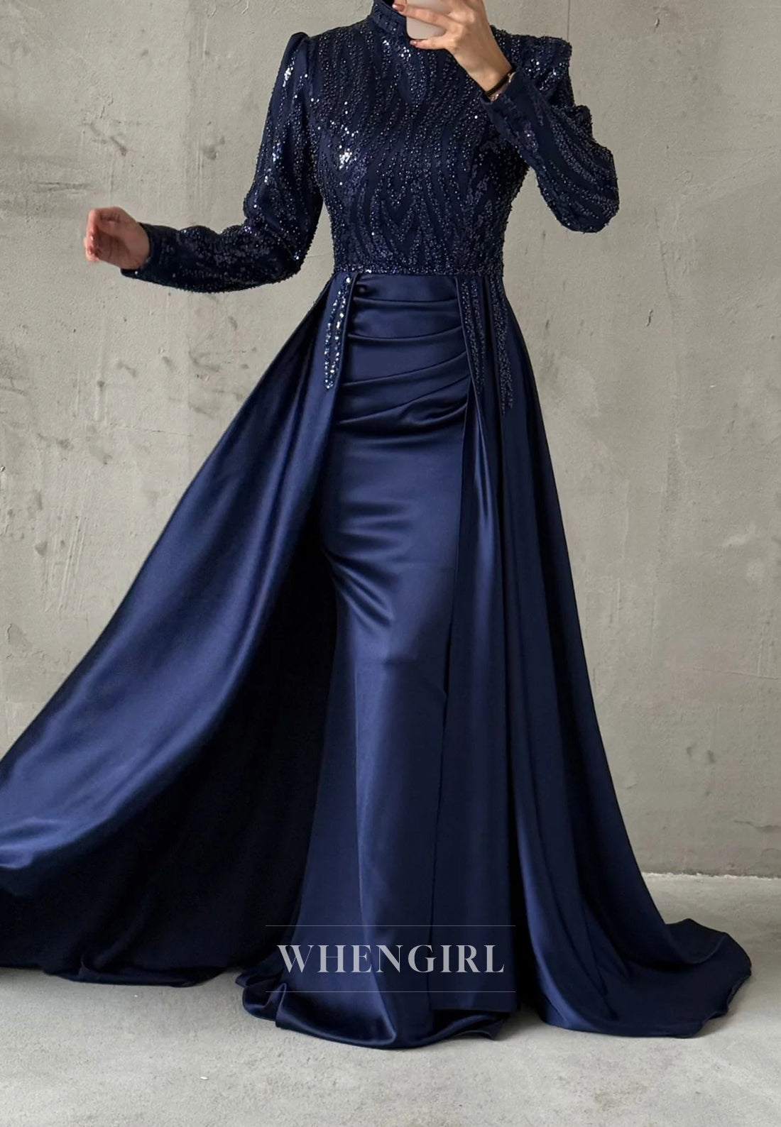 Sheath High Neck Beaded Long Sleeves Sweep Train Evening Formal Dress