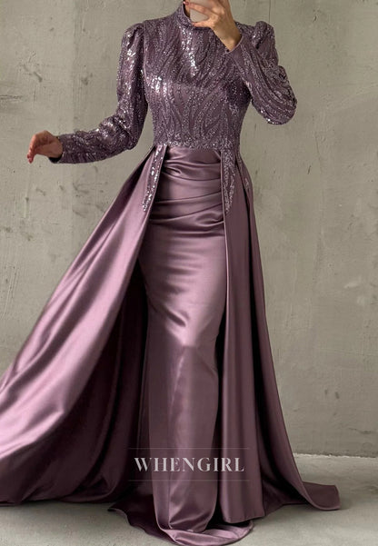 Sheath High Neck Beaded Long Sleeves Sweep Train Evening Formal Dress