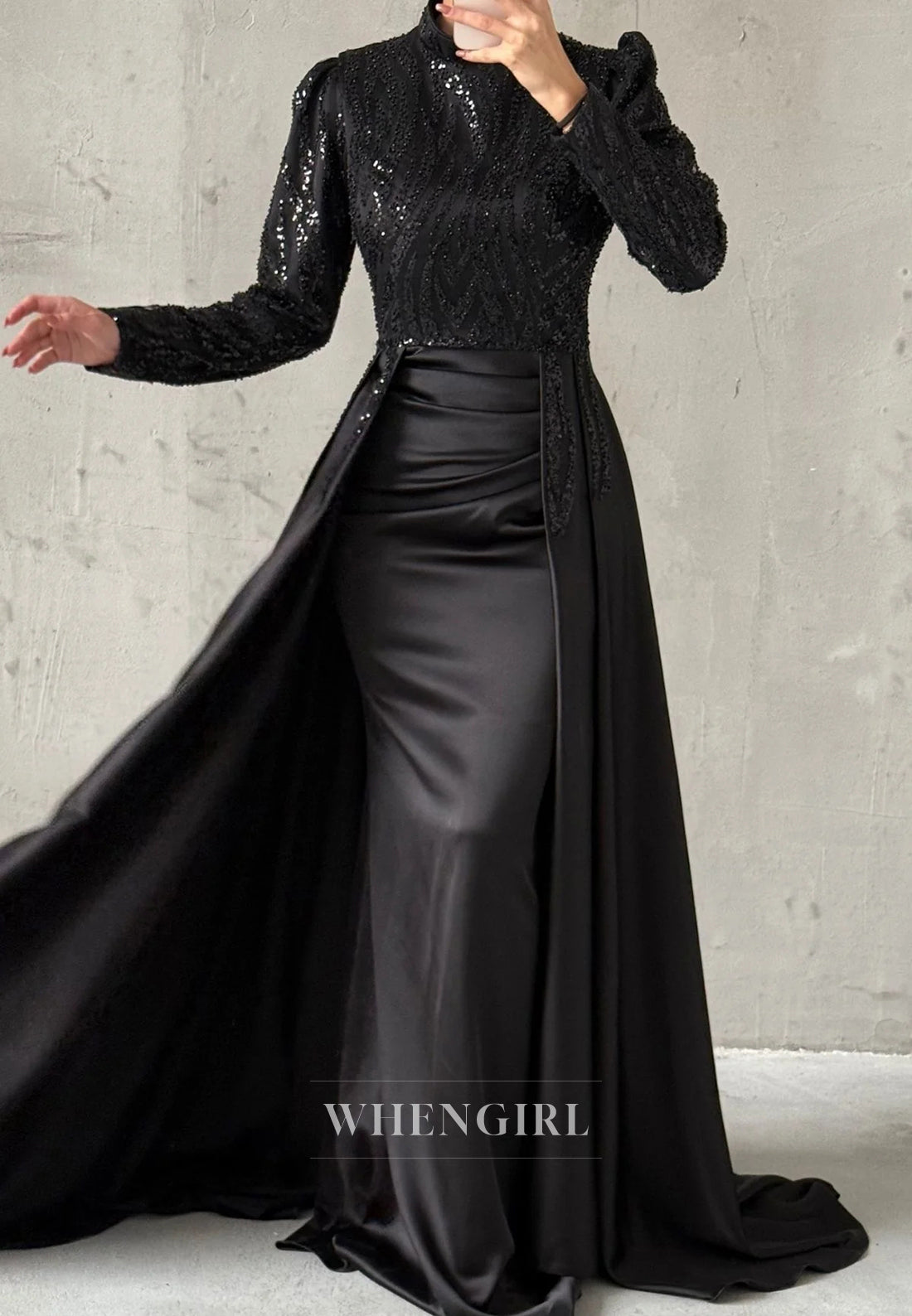 Sheath High Neck Beaded Long Sleeves Sweep Train Evening Formal Dress