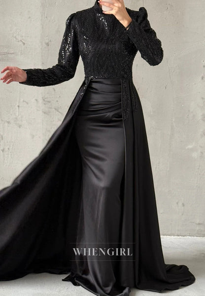 Sheath High Neck Beaded Long Sleeves Sweep Train Evening Formal Dress