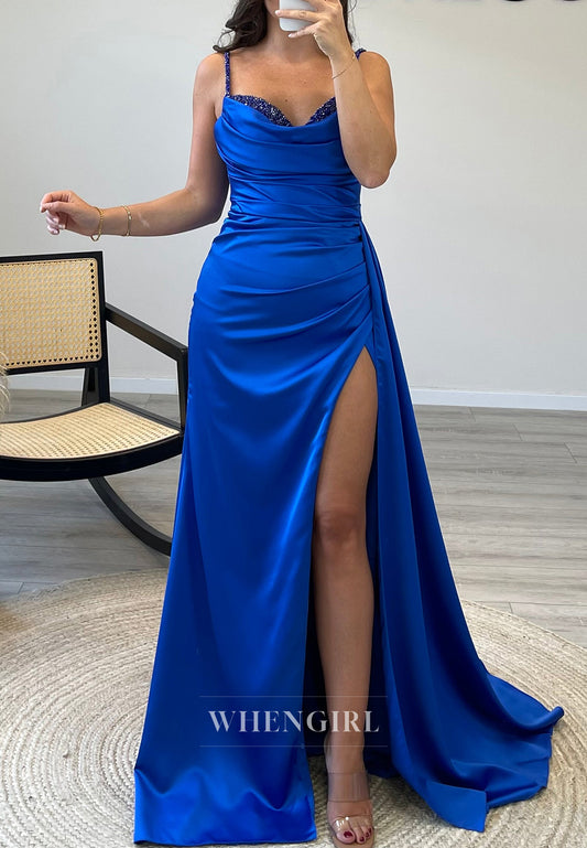 Royal Blue Side Slit Beade Evening Gown Spaghetti Straps Sweetheart Mermaid Formal Dress