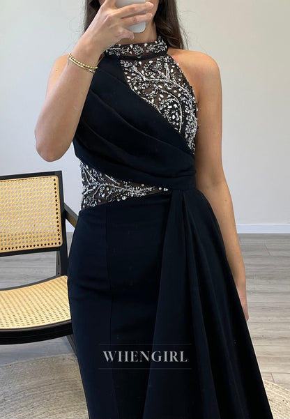 Mermaid Sweep Train Sleeveless Evening Dress Pleated Beade Halter Formal Gown
