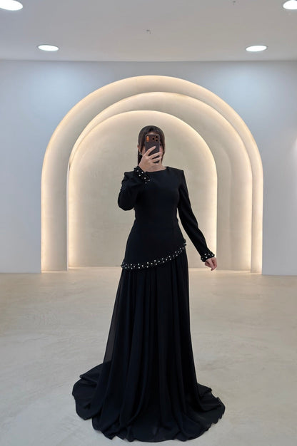 A-Line Long Sleeves Bateau Neck Beaded Formal Evening Dress