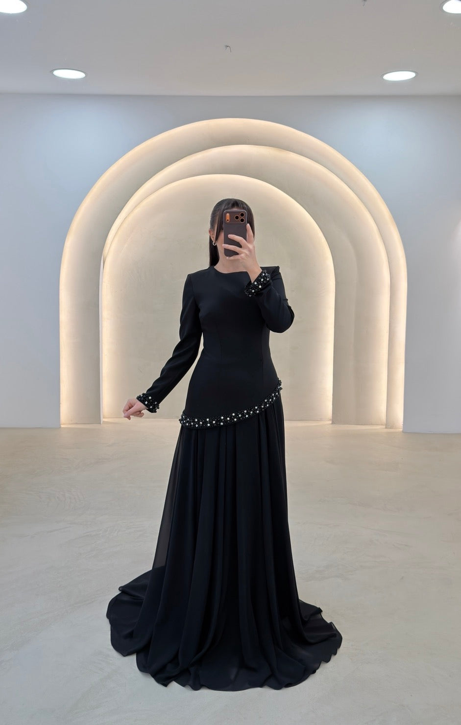 A-Line Long Sleeves Bateau Neck Beaded Formal Evening Dress